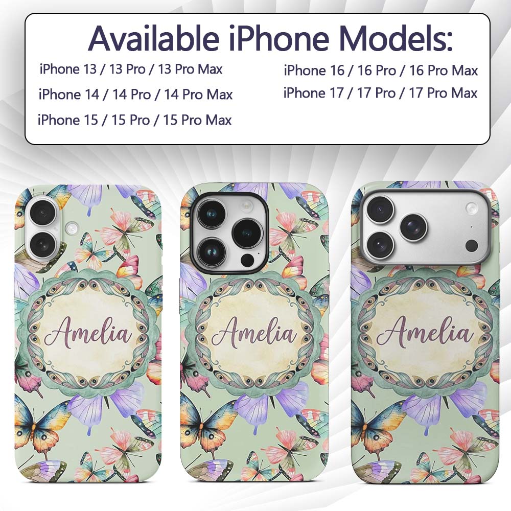 Colorful Watercolor Butterflies on Sage Green Custom Name Protective Phone Case Mobile Cover Durable Everyday Smartphone Shock Resistant
