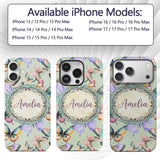Colorful Watercolor Butterflies on Sage Green Custom Name Protective Phone Case Mobile Cover Durable Everyday Smartphone Shock Resistant