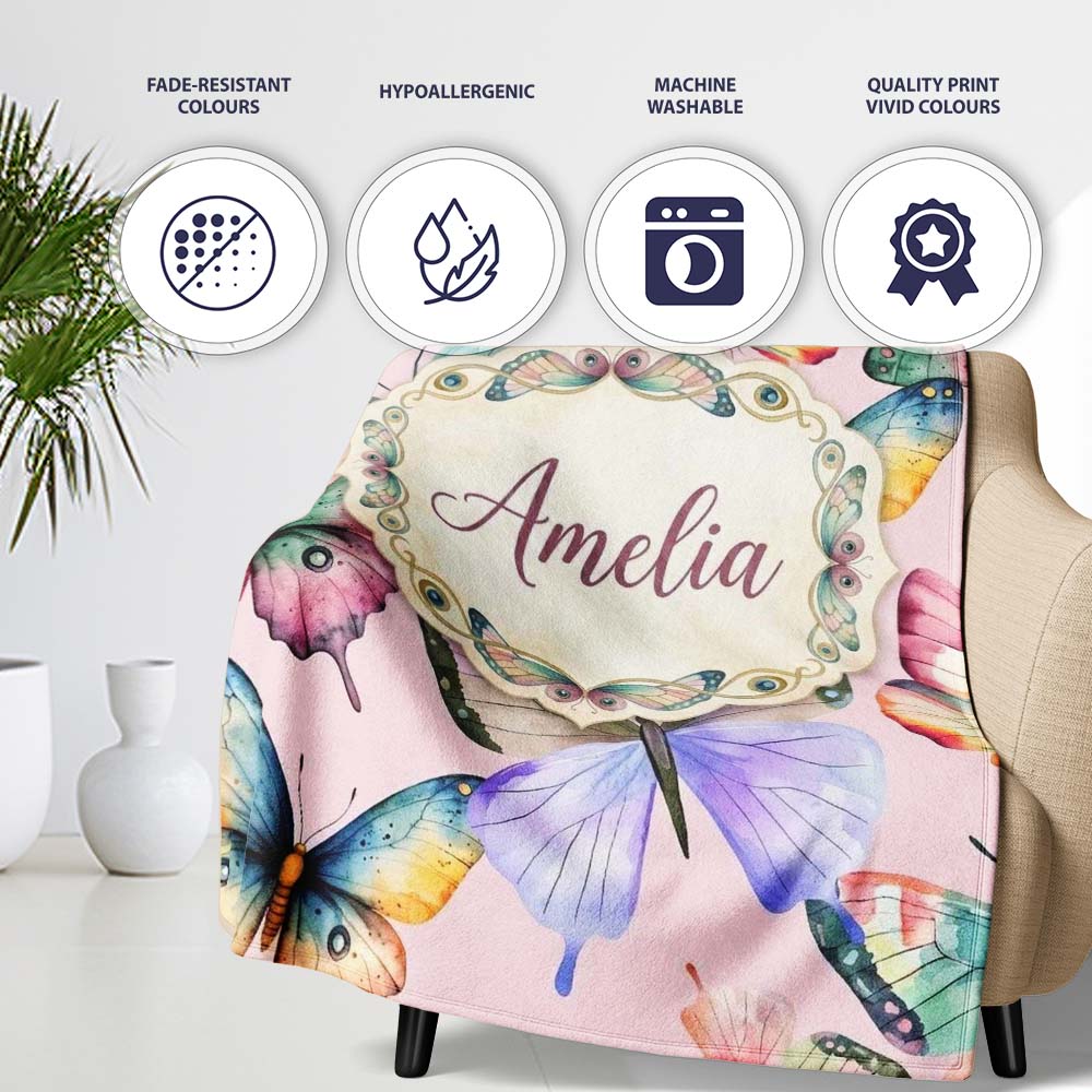 Colorful Watercolor Butterflies on Dusty Pink Background Seamless  Personalised Custom Name Super Soft Fleece Blanket Bed Sofa Throw