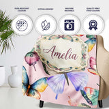 Colorful Watercolor Butterflies on Dusty Pink Background Seamless  Personalised Custom Name Super Soft Fleece Blanket Bed Sofa Throw