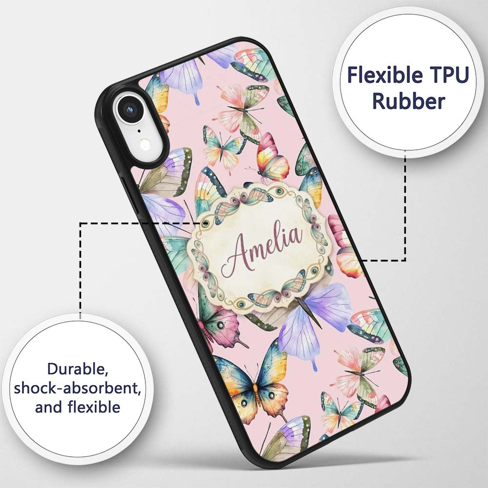 Colorful Watercolor Butterflies on Dusty Pink Custom Name Protective Phone Case Mobile Cover Durable Everyday Smartphone Shock Resistant