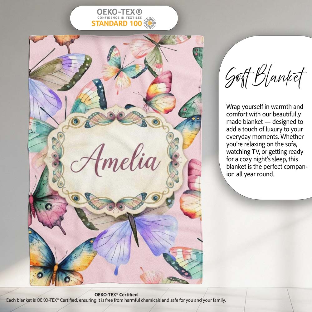Colorful Watercolor Butterflies on Dusty Pink Background Seamless  Personalised Custom Name Super Soft Fleece Blanket Bed Sofa Throw
