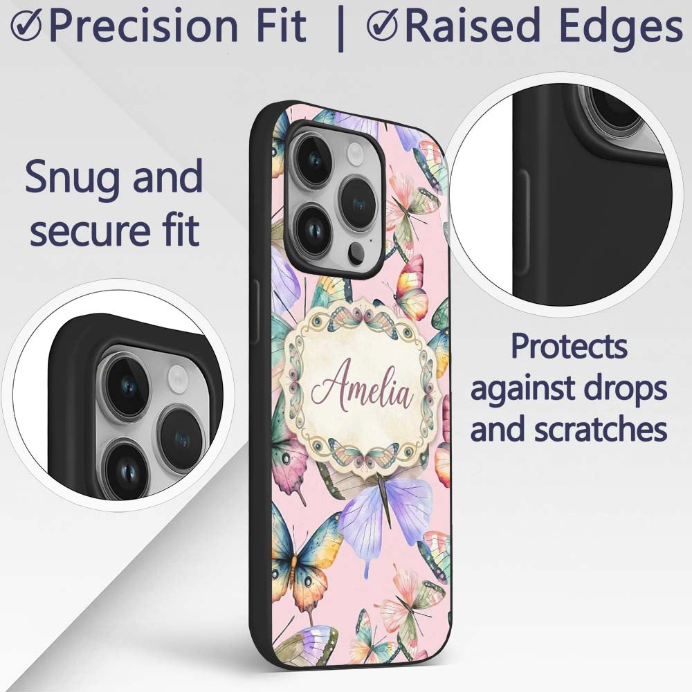 Colorful Watercolor Butterflies on Dusty Pink Custom Name Protective Phone Case Mobile Cover Durable Everyday Smartphone Shock Resistant