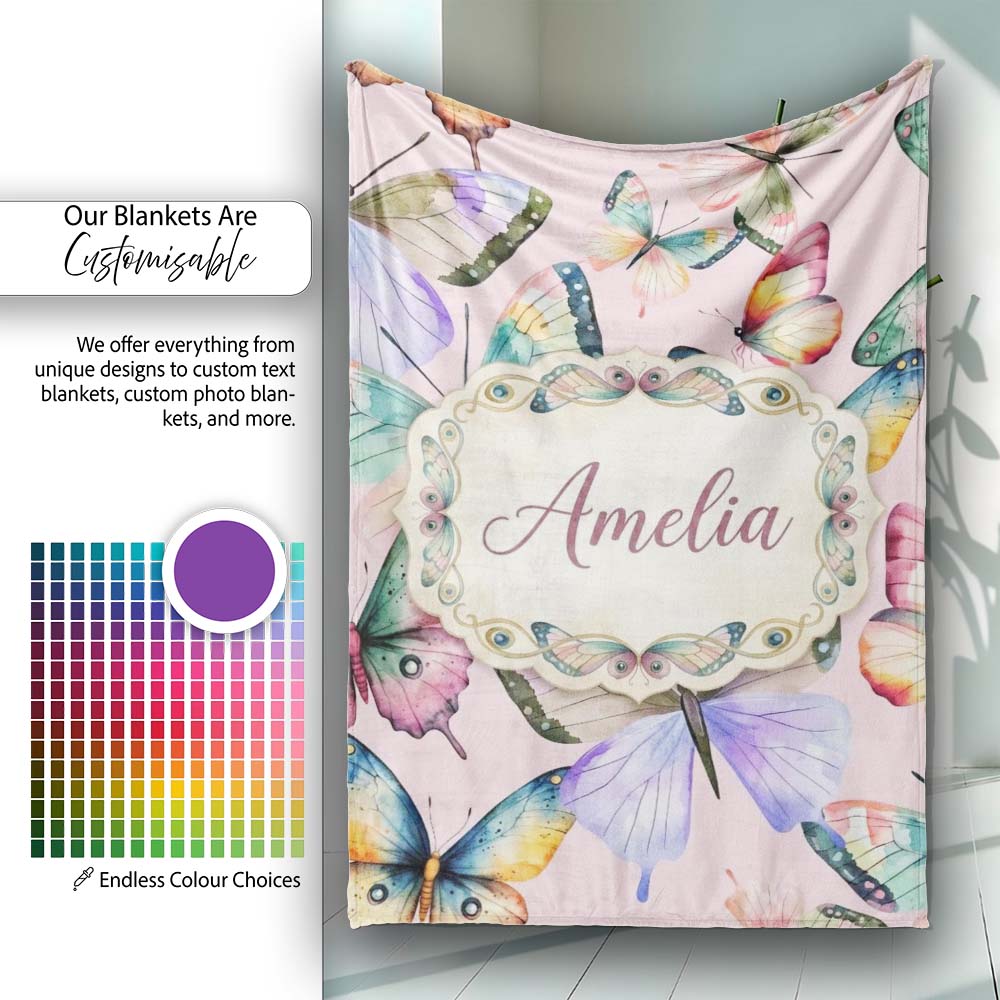 Colorful Watercolor Butterflies on Dusty Pink Background Seamless  Personalised Custom Name Super Soft Fleece Blanket Bed Sofa Throw