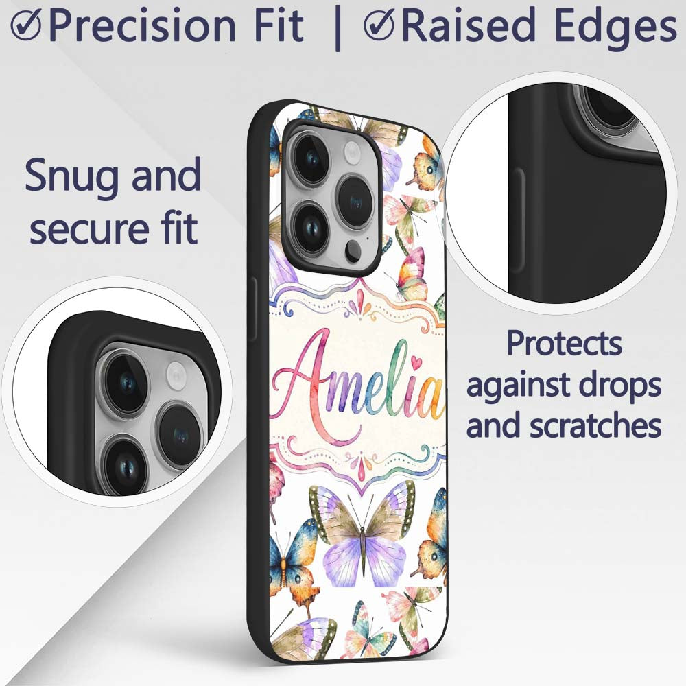 Colorful Watercolor Butterflies on Printed Design Custom Name Protective Phone Case Mobile Cover Durable Everyday Smartphone Shock Resistant