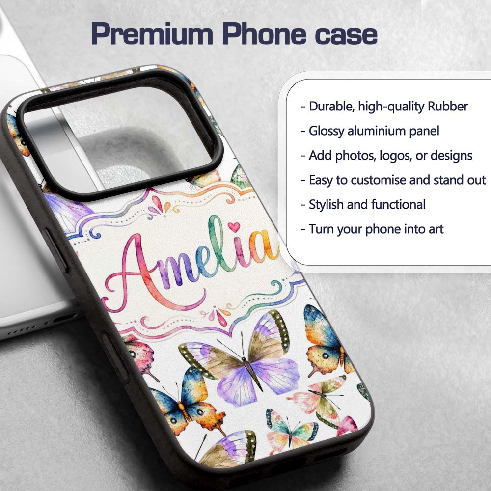 Colorful Watercolor Butterflies on Printed Design Custom Name Protective Phone Case Mobile Cover Durable Everyday Smartphone Shock Resistant
