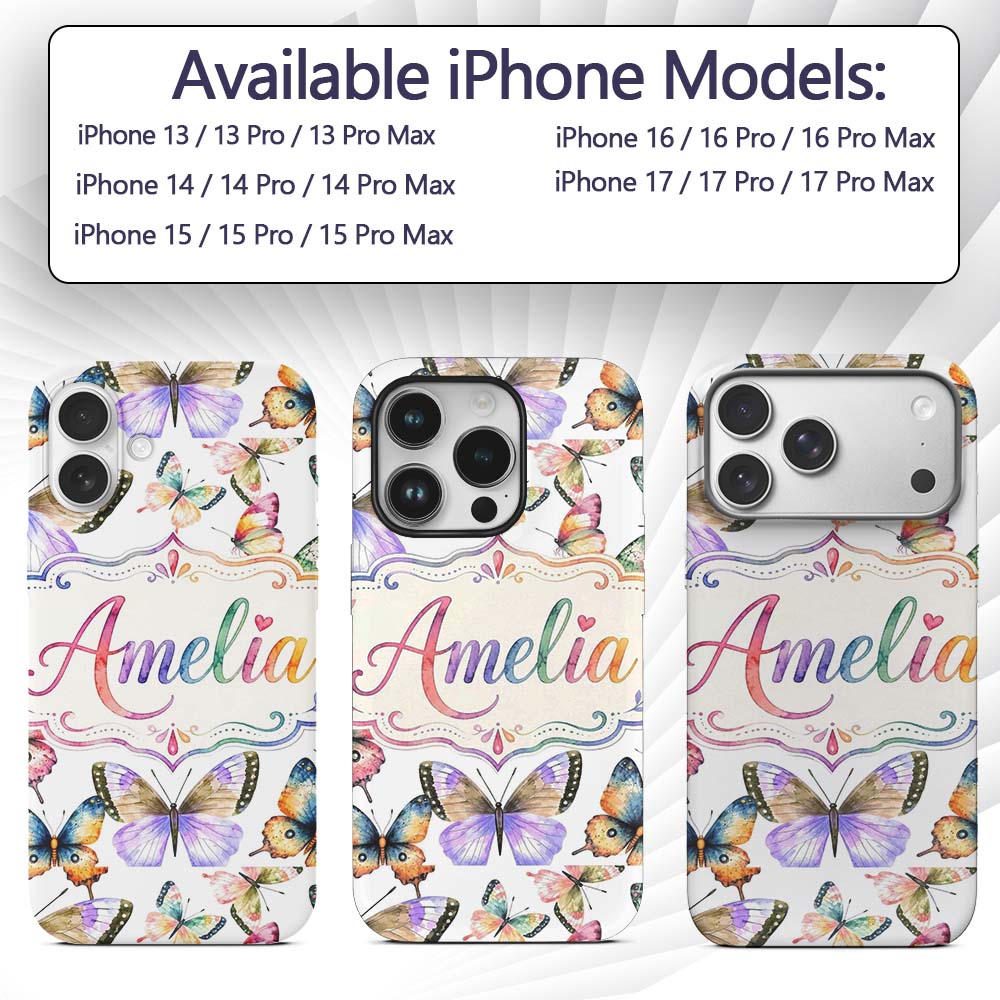 Colorful Watercolor Butterflies on Printed Design Custom Name Protective Phone Case Mobile Cover Durable Everyday Smartphone Shock Resistant