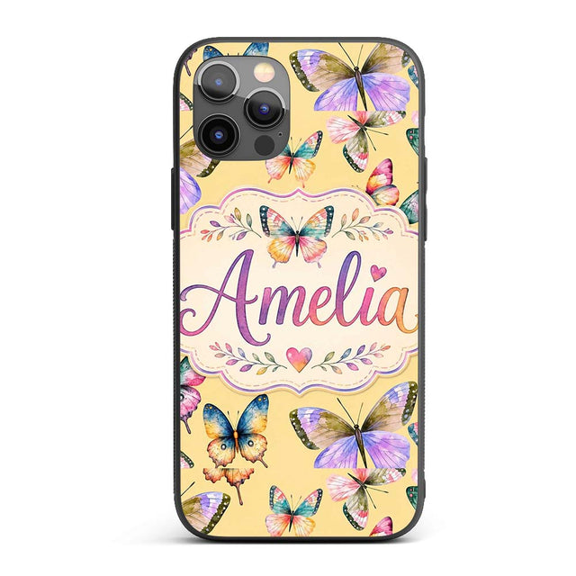 Colorful Watercolor Butterflies on Soft Yellow Custom Name Protective Phone Case Mobile Cover Durable Everyday Smartphone Shock Resistant