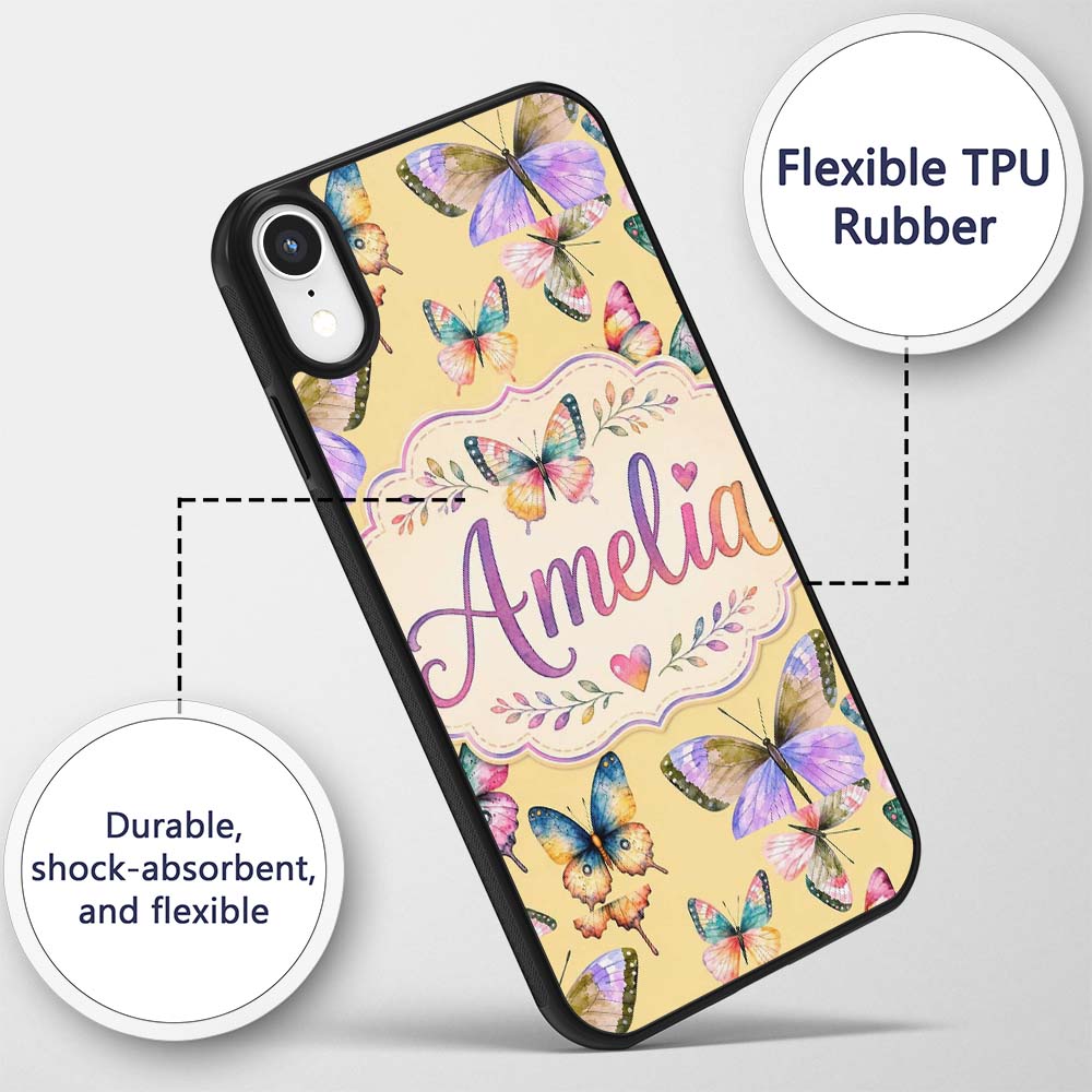 Colorful Watercolor Butterflies on Soft Yellow Custom Name Protective Phone Case Mobile Cover Durable Everyday Smartphone Shock Resistant