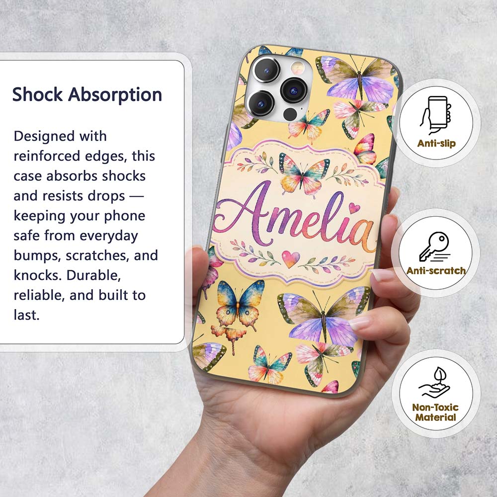 Colorful Watercolor Butterflies on Soft Yellow Custom Name Protective Phone Case Mobile Cover Durable Everyday Smartphone Shock Resistant