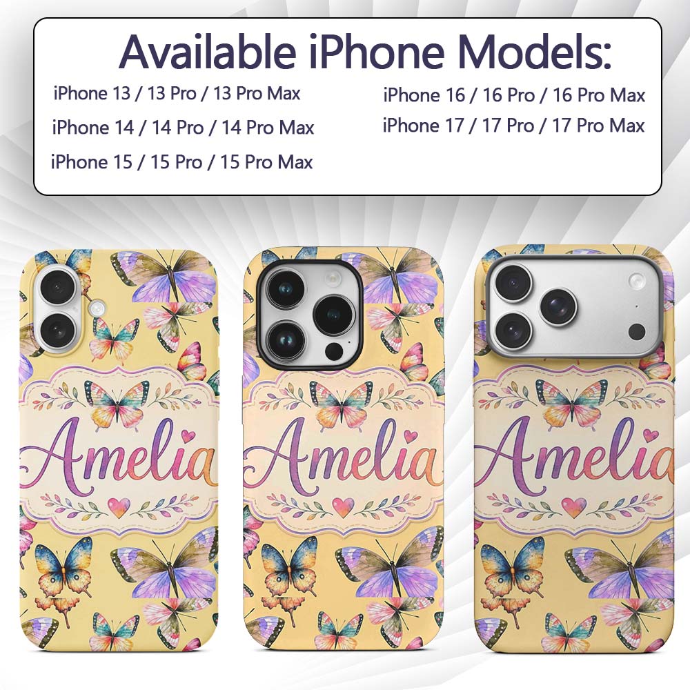 Colorful Watercolor Butterflies on Soft Yellow Custom Name Protective Phone Case Mobile Cover Durable Everyday Smartphone Shock Resistant