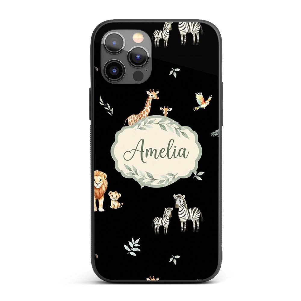Cute Safari Animals Giraffe Lion Zebra on Black Custom Name Protective Phone Case Mobile Cover Durable Everyday Smartphone Shock Resistant