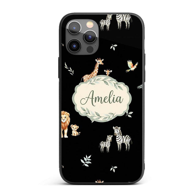 Cute Safari Animals Giraffe Lion Zebra on Black Custom Name Protective Phone Case Mobile Cover Durable Everyday Smartphone Shock Resistant