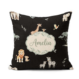 Custom Name Safari Animals Giraffe Lion Zebra on Black Seamless Square Filled Cushion Throw Pillow Sofa Bed Home Decor Zip Washable UK Made