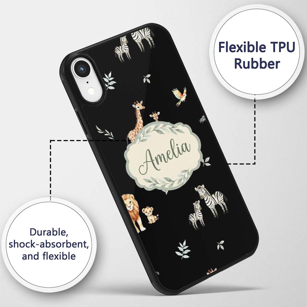 Cute Safari Animals Giraffe Lion Zebra on Black Custom Name Protective Phone Case Mobile Cover Durable Everyday Smartphone Shock Resistant