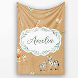 Cute Safari Animals Giraffe Lion Zebra on Brown Background Seamless  Personalised Custom Name Super Soft Fleece Blanket Bed Sofa Throw
