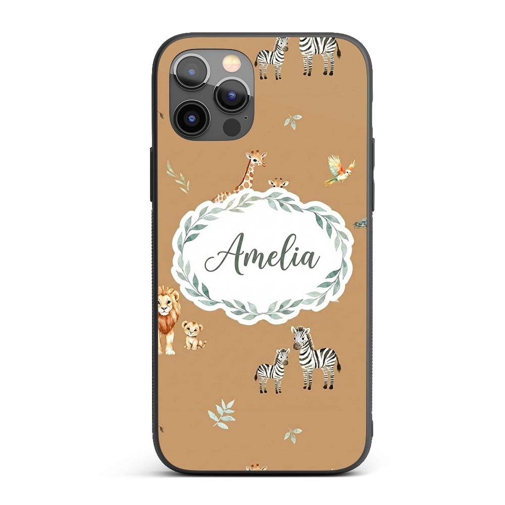 Cute Safari Animals Giraffe Lion Zebra on Brown Custom Name Protective Phone Case Mobile Cover Durable Everyday Smartphone Shock Resistant