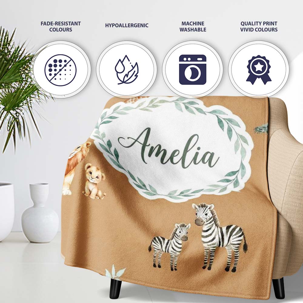 Cute Safari Animals Giraffe Lion Zebra on Brown Background Seamless  Personalised Custom Name Super Soft Fleece Blanket Bed Sofa Throw