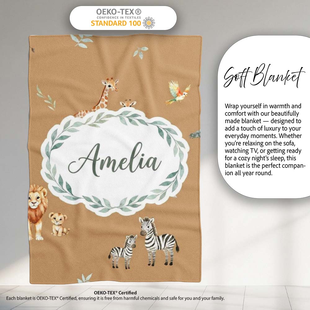 Cute Safari Animals Giraffe Lion Zebra on Brown Background Seamless  Personalised Custom Name Super Soft Fleece Blanket Bed Sofa Throw