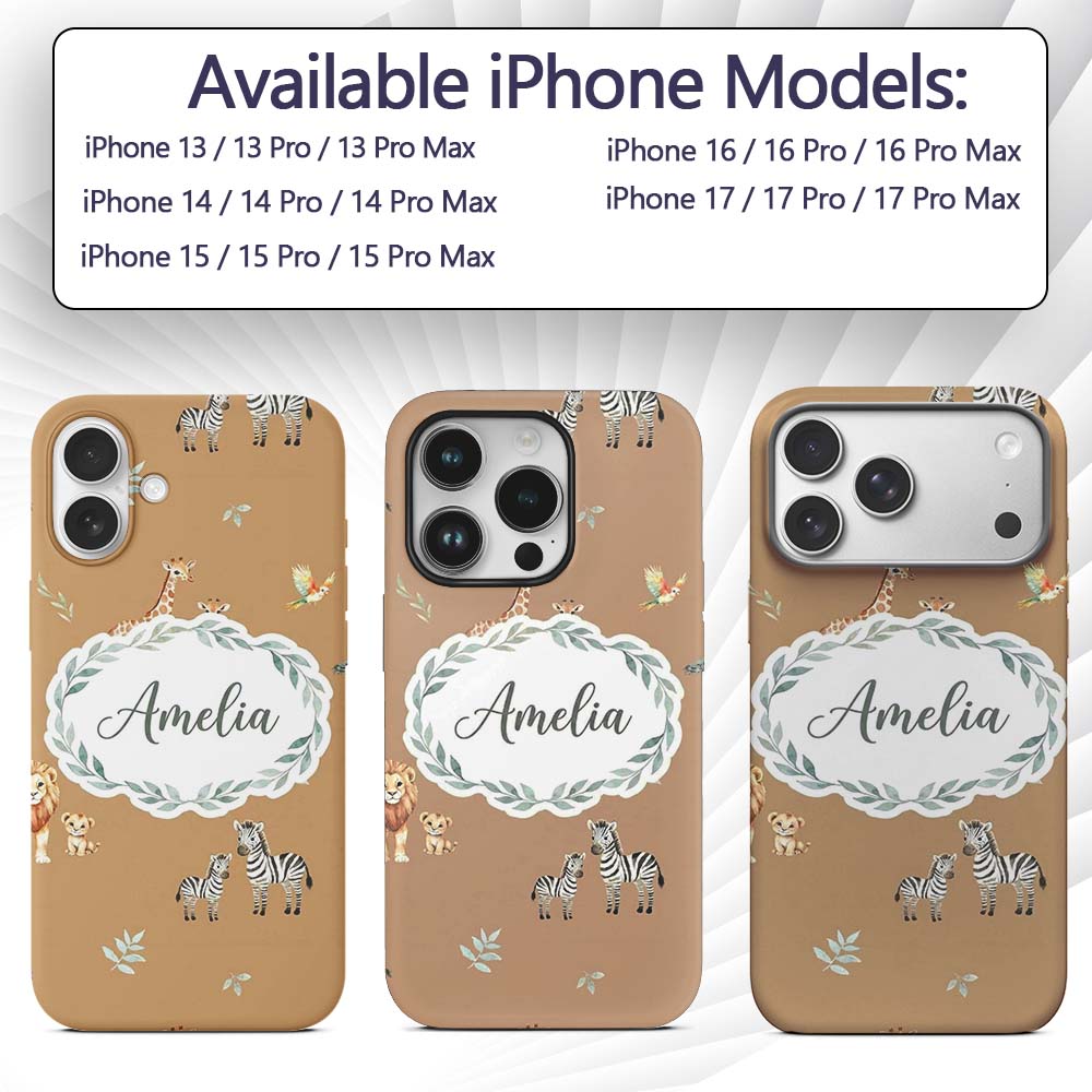 Cute Safari Animals Giraffe Lion Zebra on Brown Custom Name Protective Phone Case Mobile Cover Durable Everyday Smartphone Shock Resistant