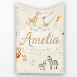 Cute Safari Animals Giraffe Lion Zebra on Cream Background Seamless  Personalised Custom Name Super Soft Fleece Blanket Bed Sofa Throw