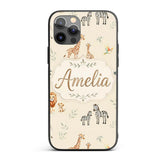 Cute Safari Animals Giraffe Lion Zebra on Cream Custom Name Protective Phone Case Mobile Cover Durable Everyday Smartphone Shock Resistant