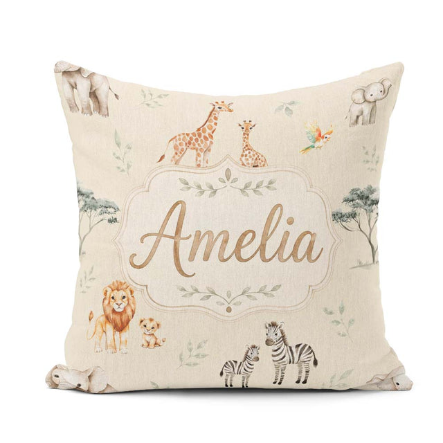 Custom Name Safari Animals Giraffe Lion Zebra on Cream Seamless Square Filled Cushion Throw Pillow Sofa Bed Home Decor Zip Washable UK Made