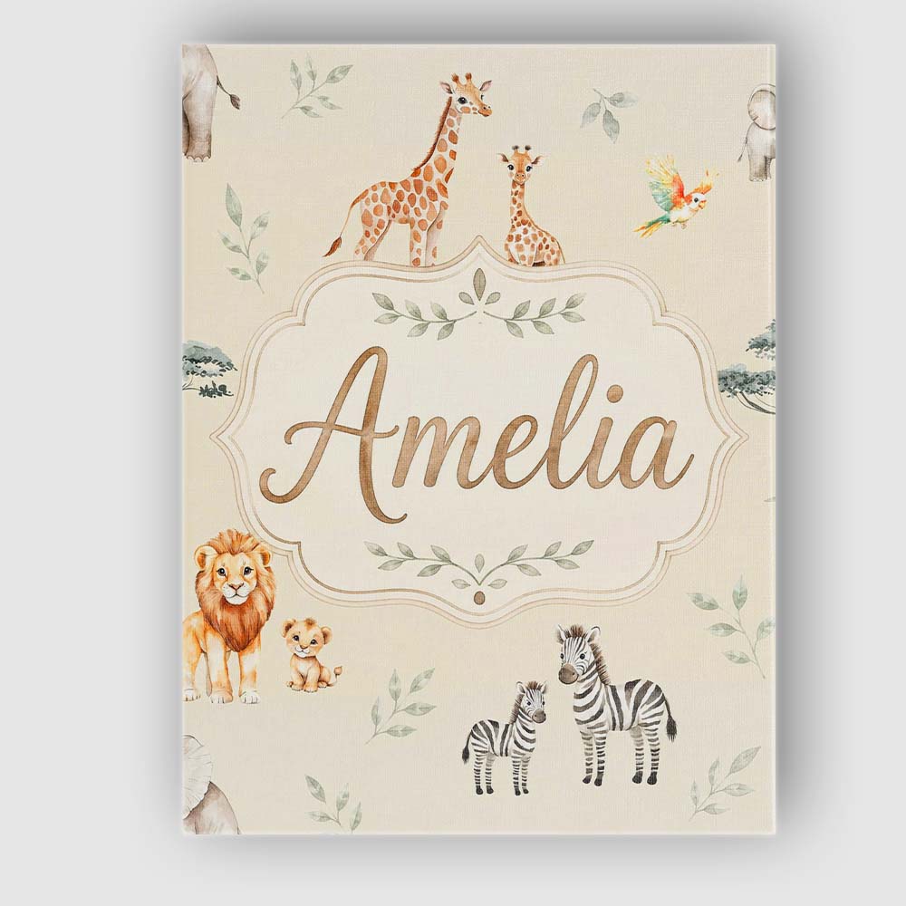 Personalised Name Cute Safari Animals Custom Modern Room Accent Creative Decorator Style Canvas Wall Art Print Decor Picture Ready to Hang