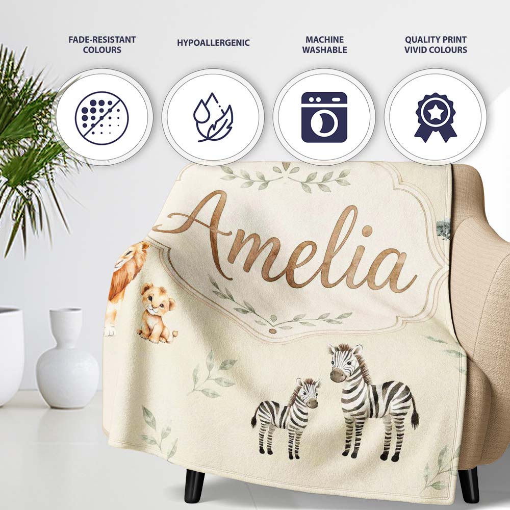 Cute Safari Animals Giraffe Lion Zebra on Cream Background Seamless  Personalised Custom Name Super Soft Fleece Blanket Bed Sofa Throw