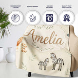 Cute Safari Animals Giraffe Lion Zebra on Cream Background Seamless  Personalised Custom Name Super Soft Fleece Blanket Bed Sofa Throw
