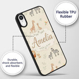 Cute Safari Animals Giraffe Lion Zebra on Cream Custom Name Protective Phone Case Mobile Cover Durable Everyday Smartphone Shock Resistant
