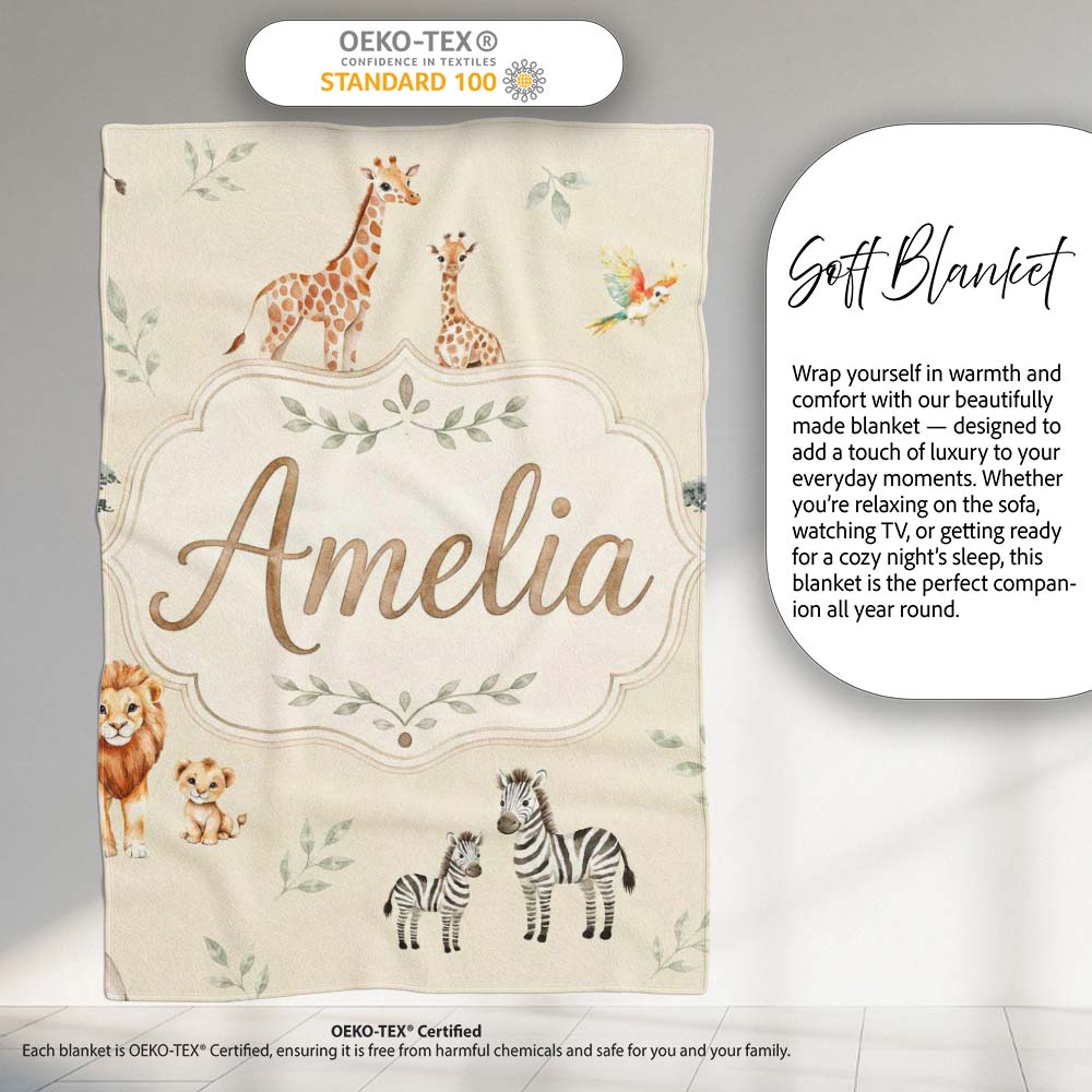 Cute Safari Animals Giraffe Lion Zebra on Cream Background Seamless  Personalised Custom Name Super Soft Fleece Blanket Bed Sofa Throw