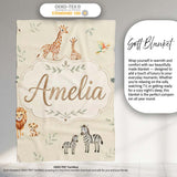 Cute Safari Animals Giraffe Lion Zebra on Cream Background Seamless  Personalised Custom Name Super Soft Fleece Blanket Bed Sofa Throw