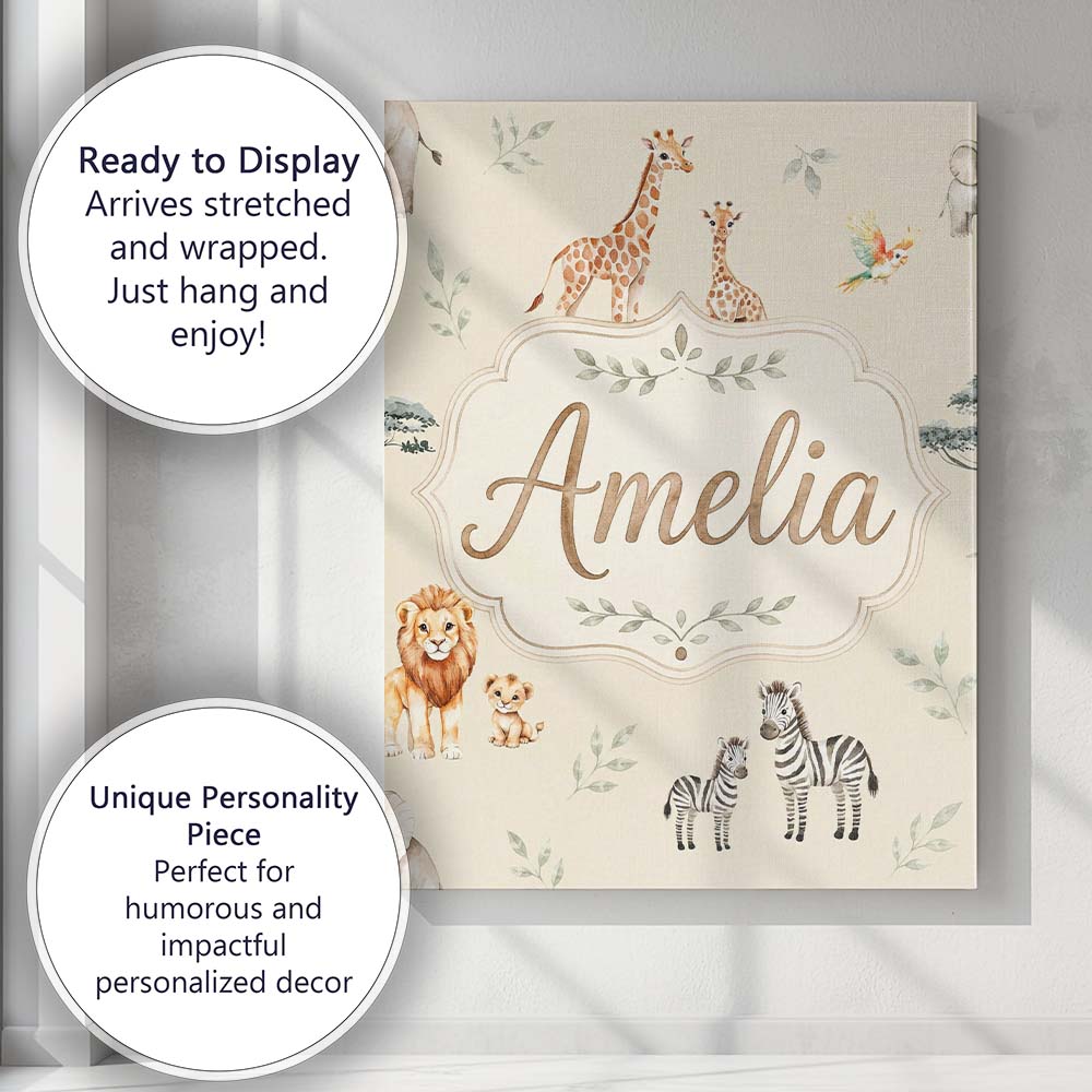 Personalised Name Cute Safari Animals Custom Modern Room Accent Creative Decorator Style Canvas Wall Art Print Decor Picture Ready to Hang