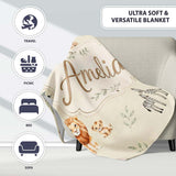 Cute Safari Animals Giraffe Lion Zebra on Cream Background Seamless  Personalised Custom Name Super Soft Fleece Blanket Bed Sofa Throw
