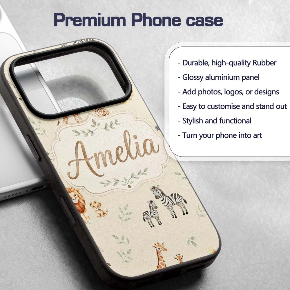 Cute Safari Animals Giraffe Lion Zebra on Cream Custom Name Protective Phone Case Mobile Cover Durable Everyday Smartphone Shock Resistant