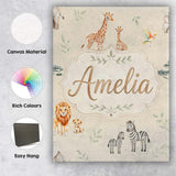 Personalised Name Cute Safari Animals Custom Modern Room Accent Creative Decorator Style Canvas Wall Art Print Decor Picture Ready to Hang