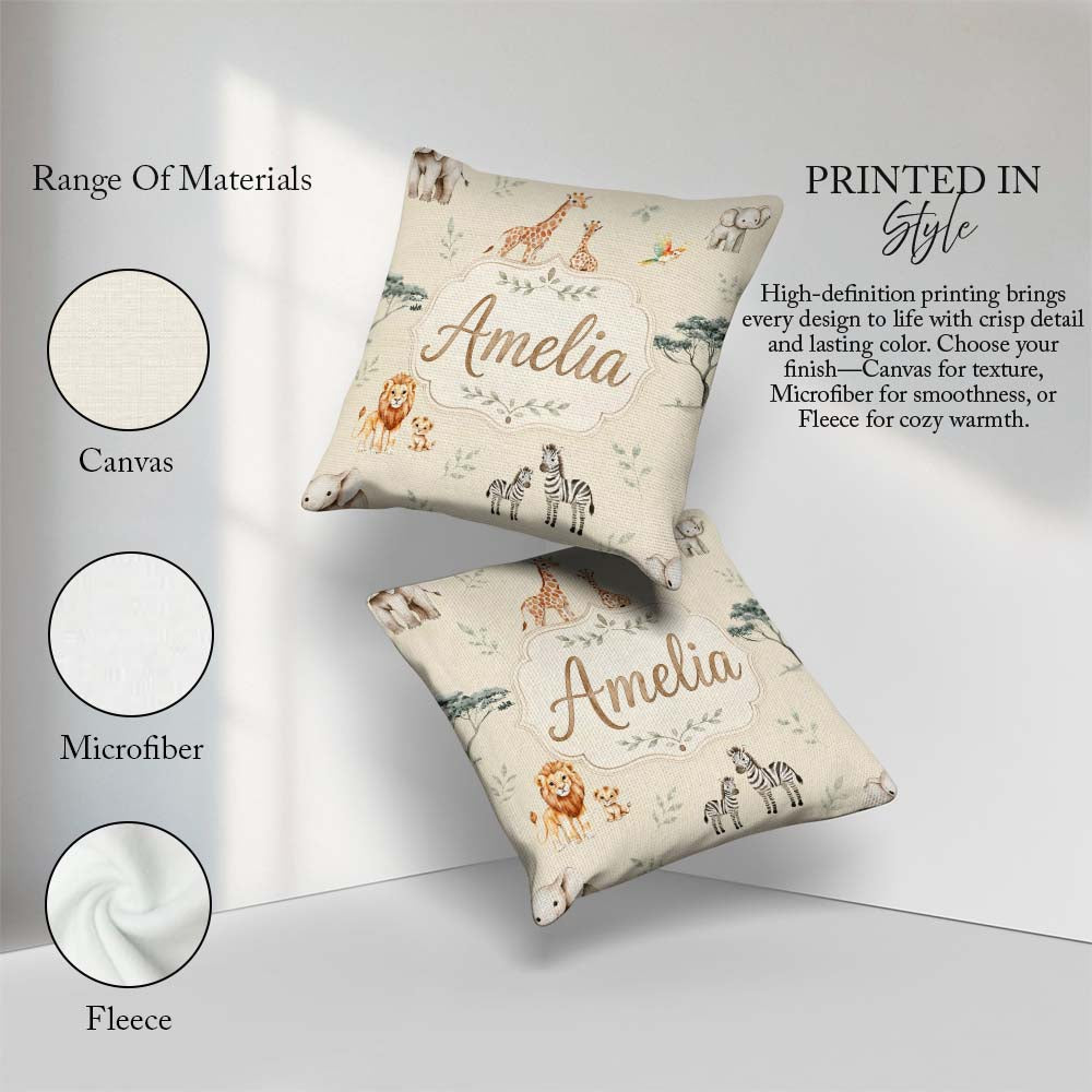 Custom Name Safari Animals Giraffe Lion Zebra on Cream Seamless Square Filled Cushion Throw Pillow Sofa Bed Home Decor Zip Washable UK Made