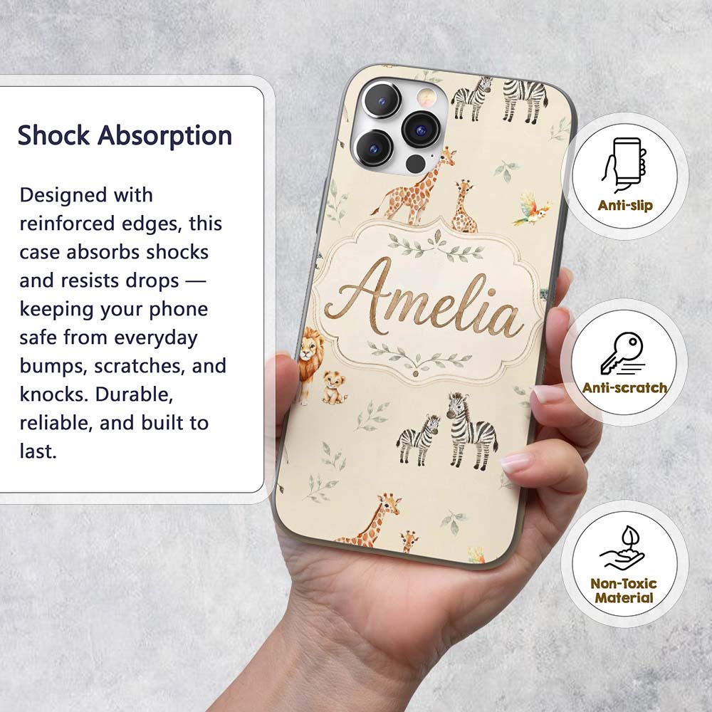 Cute Safari Animals Giraffe Lion Zebra on Cream Custom Name Protective Phone Case Mobile Cover Durable Everyday Smartphone Shock Resistant