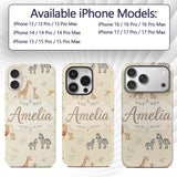 Cute Safari Animals Giraffe Lion Zebra on Cream Custom Name Protective Phone Case Mobile Cover Durable Everyday Smartphone Shock Resistant