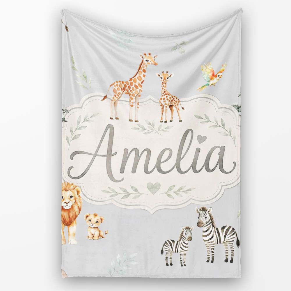 Cute Safari Animals Giraffe Lion Zebra on Grey Background Seamless  Personalised Custom Name Super Soft Fleece Blanket Bed Sofa Throw