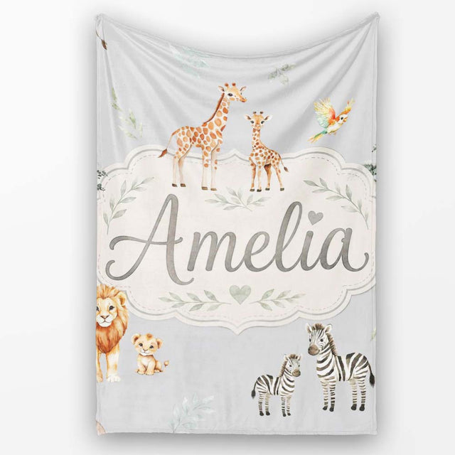 Cute Safari Animals Giraffe Lion Zebra on Grey Background Seamless  Personalised Custom Name Super Soft Fleece Blanket Bed Sofa Throw