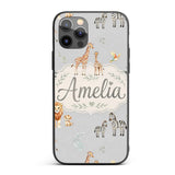 Cute Safari Animals Giraffe Lion Zebra on Grey Custom Name Protective Phone Case Mobile Cover Durable Everyday Smartphone Shock Resistant