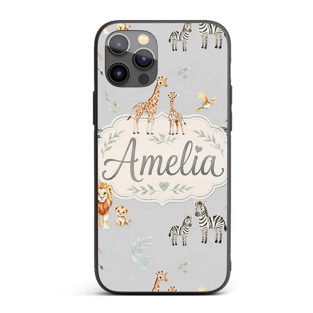 Cute Safari Animals Giraffe Lion Zebra on Grey Custom Name Protective Phone Case Mobile Cover Durable Everyday Smartphone Shock Resistant