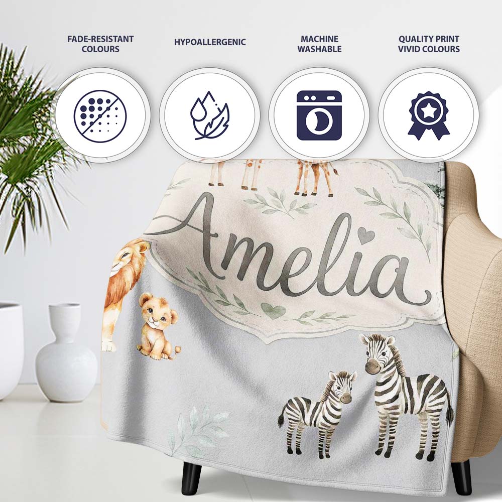 Cute Safari Animals Giraffe Lion Zebra on Grey Background Seamless  Personalised Custom Name Super Soft Fleece Blanket Bed Sofa Throw