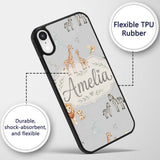 Cute Safari Animals Giraffe Lion Zebra on Grey Custom Name Protective Phone Case Mobile Cover Durable Everyday Smartphone Shock Resistant