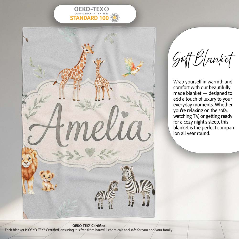 Cute Safari Animals Giraffe Lion Zebra on Grey Background Seamless  Personalised Custom Name Super Soft Fleece Blanket Bed Sofa Throw
