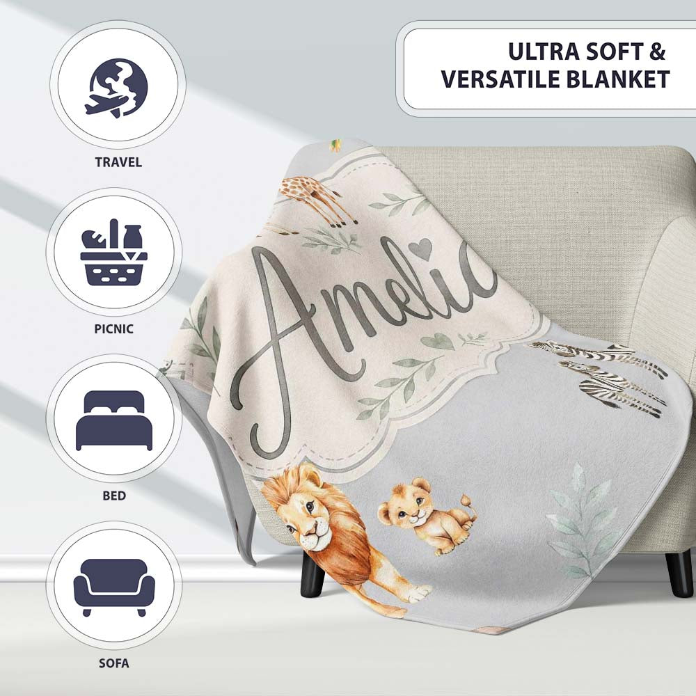 Cute Safari Animals Giraffe Lion Zebra on Grey Background Seamless  Personalised Custom Name Super Soft Fleece Blanket Bed Sofa Throw