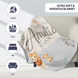 Cute Safari Animals Giraffe Lion Zebra on Grey Background Seamless  Personalised Custom Name Super Soft Fleece Blanket Bed Sofa Throw