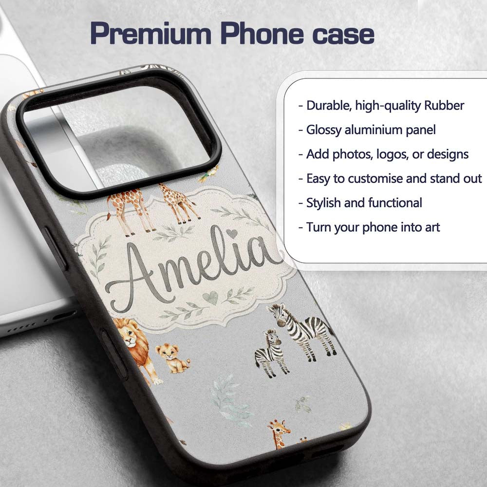 Cute Safari Animals Giraffe Lion Zebra on Grey Custom Name Protective Phone Case Mobile Cover Durable Everyday Smartphone Shock Resistant